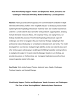 Hotel work-family support policies and employees' needs, concerns and Challenges The Case of Working Mothers  maternity leave experience