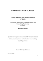 Qualitative investigations into a virtual CBT therapist : relational features, client experiences and implications for counselling psychology practice.